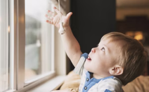 Boy reaching for window blind cord